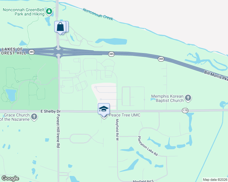 map of restaurants, bars, coffee shops, grocery stores, and more near 9307 North Fairmont Circle in Collierville