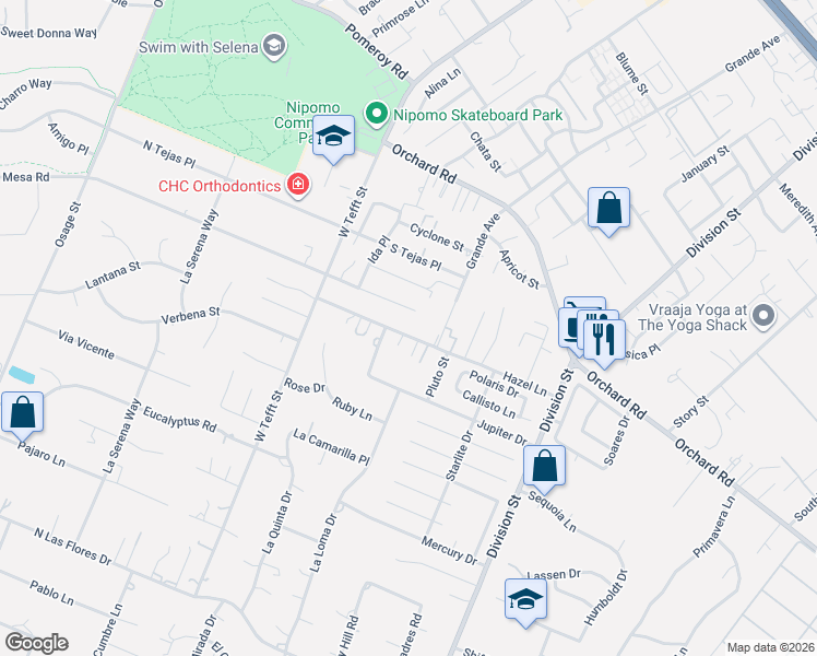 map of restaurants, bars, coffee shops, grocery stores, and more near 725 South Mesa Road in Nipomo