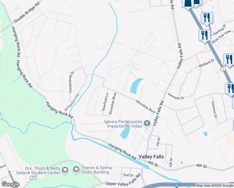 map of restaurants, bars, coffee shops, grocery stores, and more near 606 Shoreline Boulevard in Boiling Springs