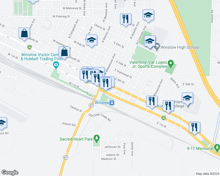 map of restaurants, bars, coffee shops, grocery stores, and more near 308 North Apache Avenue in Winslow