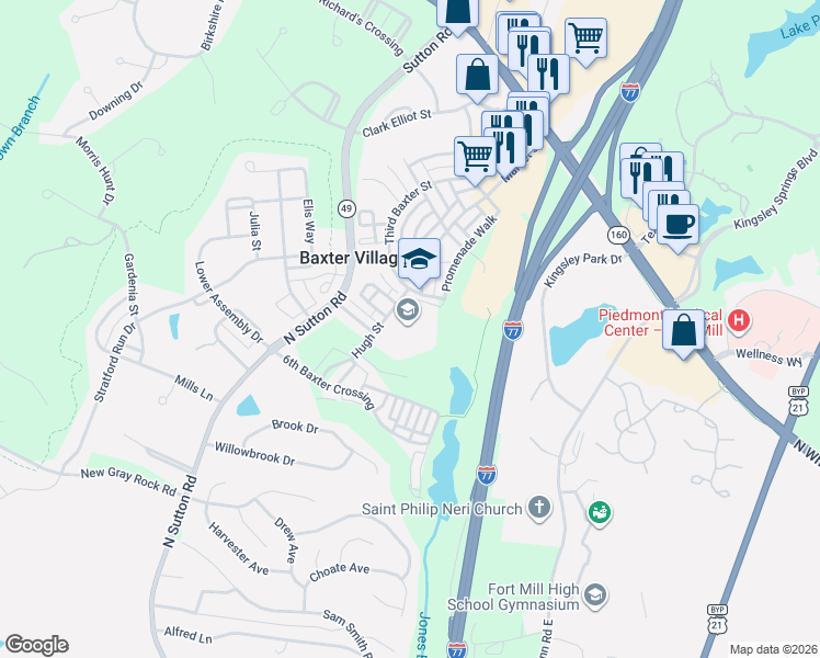 map of restaurants, bars, coffee shops, grocery stores, and more near 474 3rd Baxter Street in Fort Mill