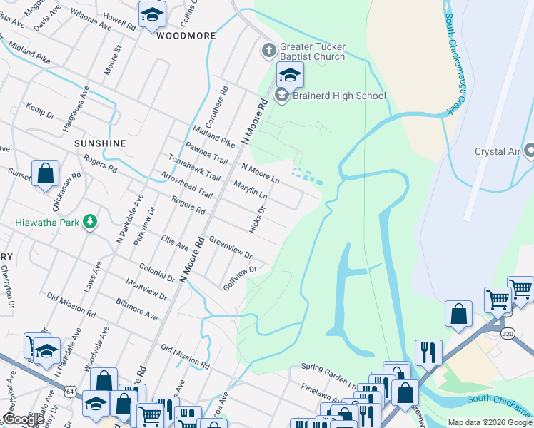 map of restaurants, bars, coffee shops, grocery stores, and more near 908a Hicks Drive in Chattanooga