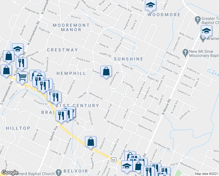 map of restaurants, bars, coffee shops, grocery stores, and more near 4111 Midwoode Drive in Chattanooga