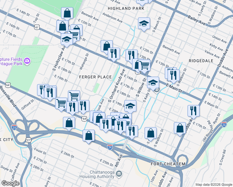 map of restaurants, bars, coffee shops, grocery stores, and more near in Chattanooga