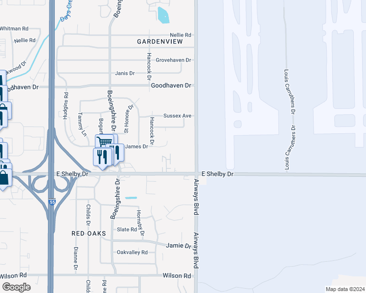 map of restaurants, bars, coffee shops, grocery stores, and more near 4571 Airways Boulevard in Memphis
