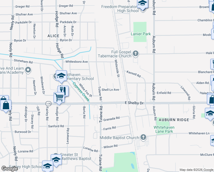 map of restaurants, bars, coffee shops, grocery stores, and more near 4594 Shell Lane Cove in Memphis