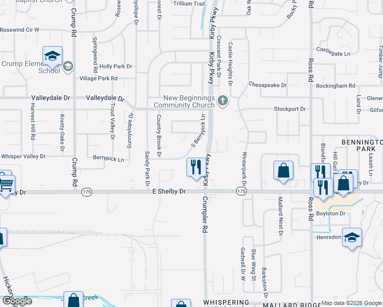 map of restaurants, bars, coffee shops, grocery stores, and more near 4596 South Berrypick Lane in Memphis