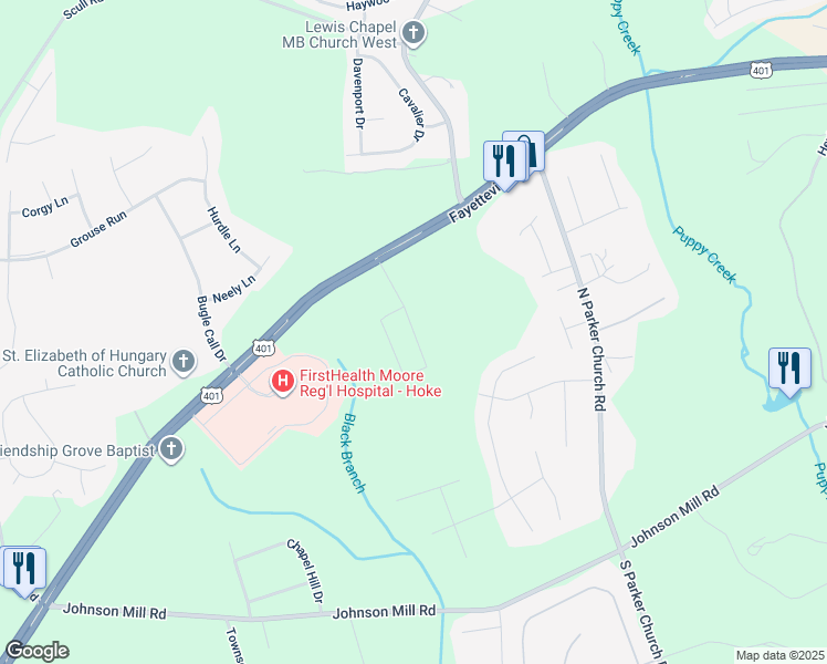 map of restaurants, bars, coffee shops, grocery stores, and more near 347 Tulip Oak Drive in Raeford