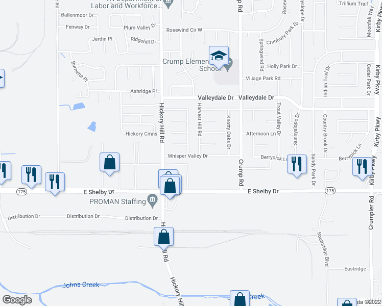 map of restaurants, bars, coffee shops, grocery stores, and more near 5986 Whisper Valley Drive in Memphis