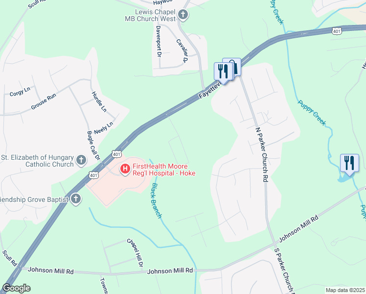 map of restaurants, bars, coffee shops, grocery stores, and more near 347 Tulip Oak Drive in Raeford