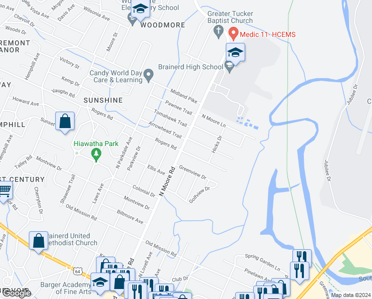 map of restaurants, bars, coffee shops, grocery stores, and more near 800 North Moore Road in Chattanooga