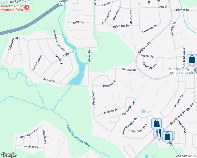 map of restaurants, bars, coffee shops, grocery stores, and more near 6629 Vaughn Road in Fayetteville