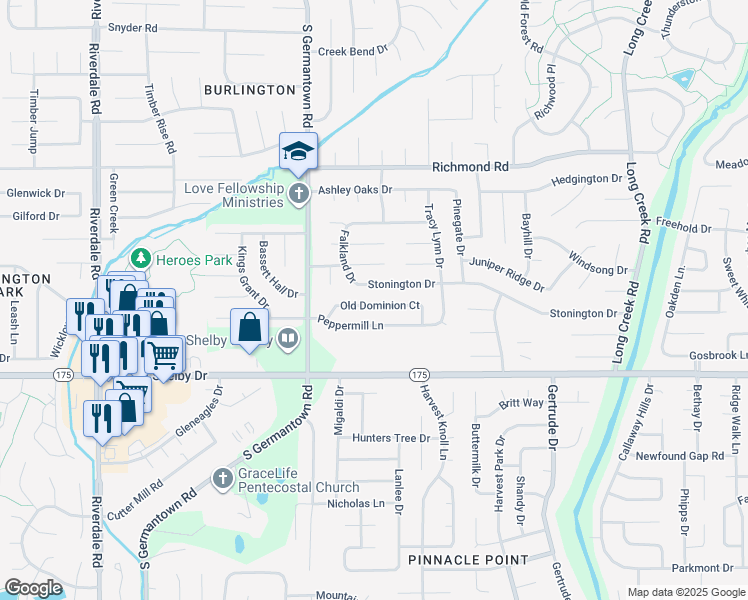 map of restaurants, bars, coffee shops, grocery stores, and more near 7299 Stonington Drive in Memphis