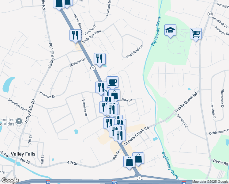 map of restaurants, bars, coffee shops, grocery stores, and more near 2120 Boiling Springs Road in Boiling Springs