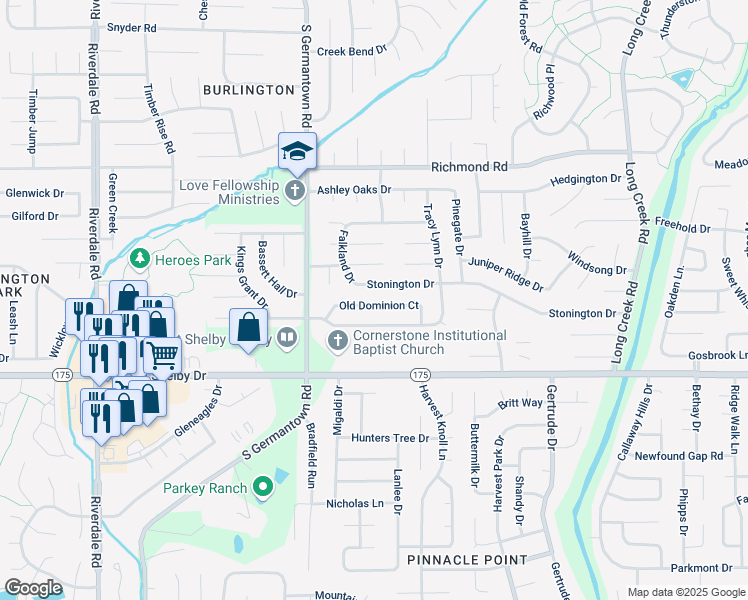 map of restaurants, bars, coffee shops, grocery stores, and more near 7318 Old Dominion Court in Memphis