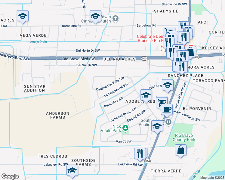 map of restaurants, bars, coffee shops, grocery stores, and more near 3940 Camino Del Valle Southwest in Albuquerque