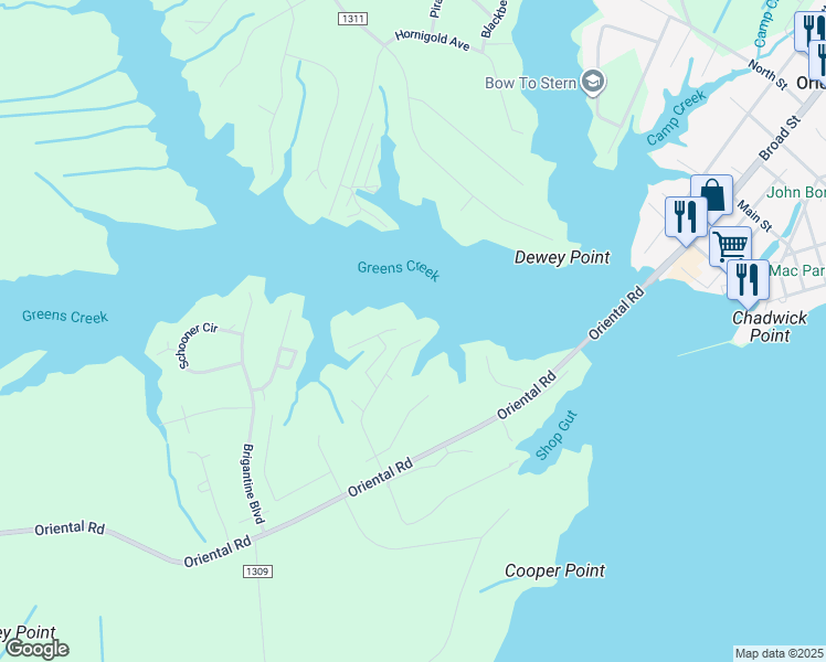 map of restaurants, bars, coffee shops, grocery stores, and more near 6109 Horton Road in Oriental