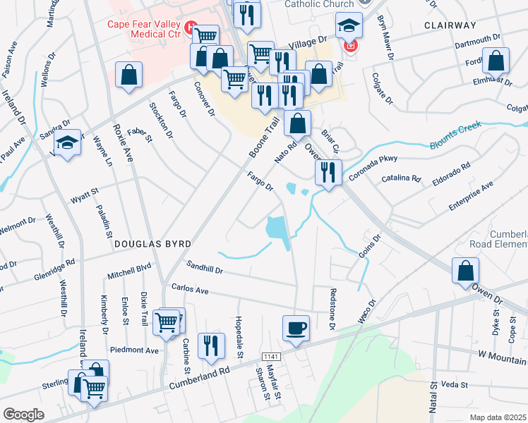 map of restaurants, bars, coffee shops, grocery stores, and more near 3310 Little Beaver Drive in Fayetteville