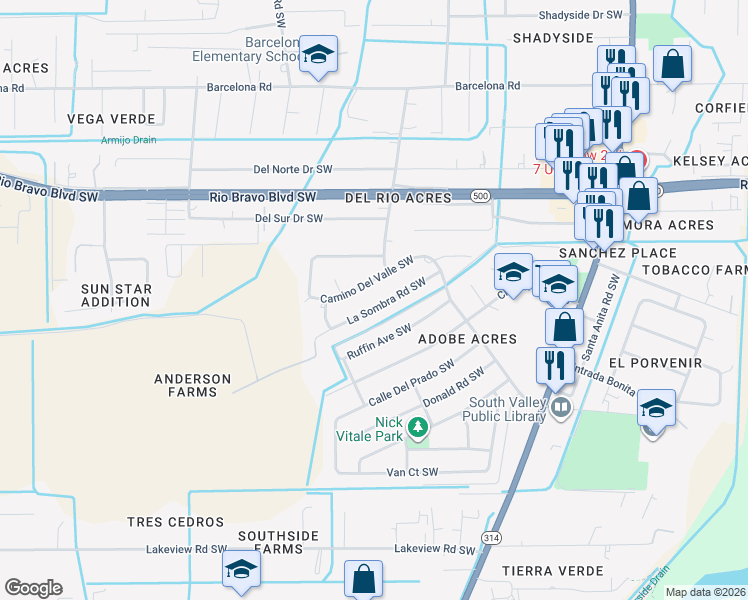 map of restaurants, bars, coffee shops, grocery stores, and more near 3940 Camino Del Valle Southwest in Albuquerque