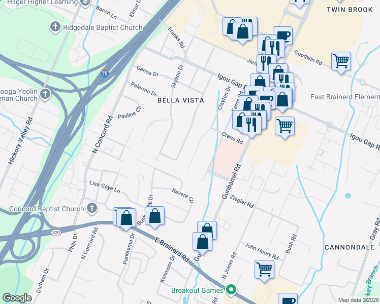 map of restaurants, bars, coffee shops, grocery stores, and more near 1713 Clayton Drive in Chattanooga