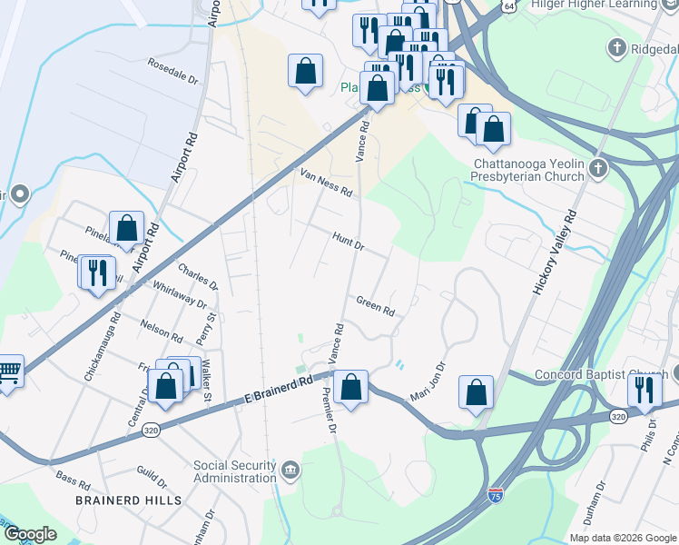 map of restaurants, bars, coffee shops, grocery stores, and more near 1333 Vance Road in Chattanooga