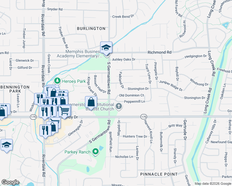 map of restaurants, bars, coffee shops, grocery stores, and more near 4569 Cardiff Cove in Memphis