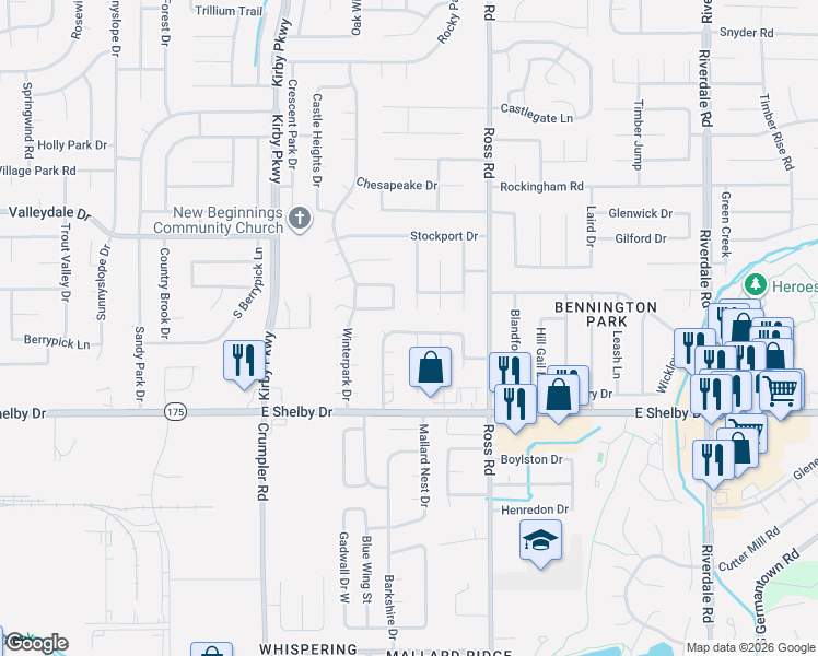 map of restaurants, bars, coffee shops, grocery stores, and more near 4572 Misty Moor Lane in Memphis