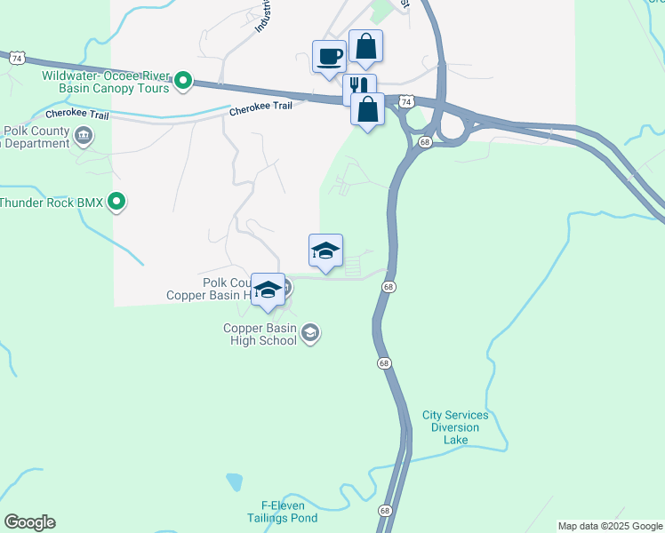 map of restaurants, bars, coffee shops, grocery stores, and more near 206 Cougar Drive in Copperhill