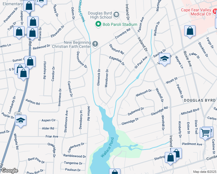map of restaurants, bars, coffee shops, grocery stores, and more near 1919 Wendover Drive in Fayetteville
