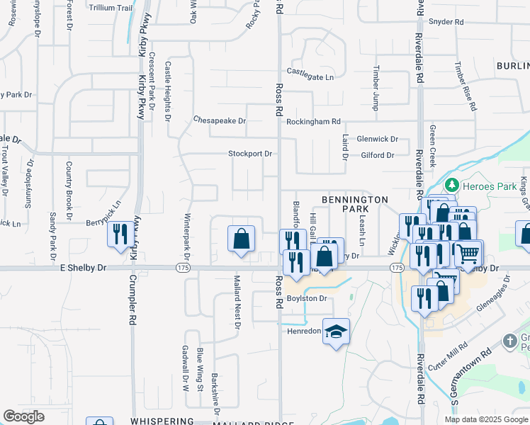 map of restaurants, bars, coffee shops, grocery stores, and more near 4575 Quail Ridge Trail in Memphis