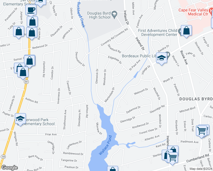 map of restaurants, bars, coffee shops, grocery stores, and more near 1919 Wendover Drive in Fayetteville