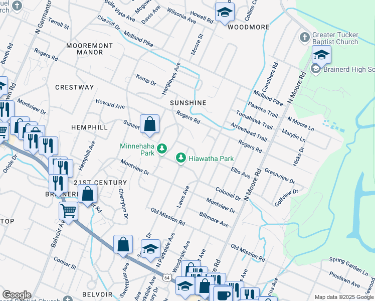 map of restaurants, bars, coffee shops, grocery stores, and more near 416 Sequoia Drive in Chattanooga