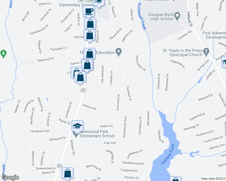 map of restaurants, bars, coffee shops, grocery stores, and more near 1801 Cawdor Drive in Fayetteville
