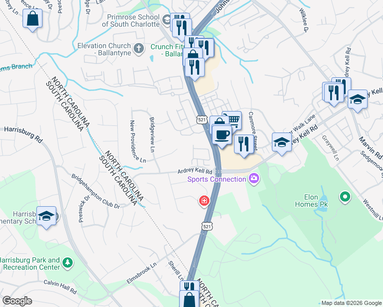 map of restaurants, bars, coffee shops, grocery stores, and more near 16826 Hamptons Landing Road in Charlotte