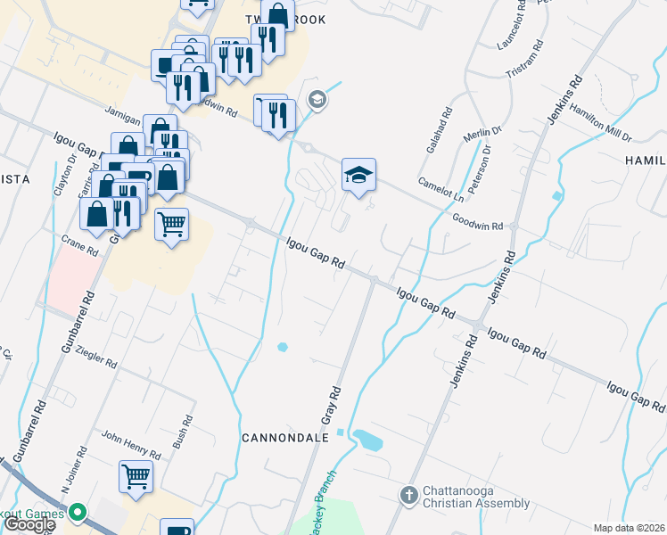 map of restaurants, bars, coffee shops, grocery stores, and more near 7755 Igou Gap Road in Chattanooga