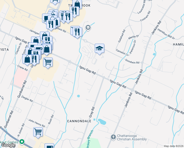 map of restaurants, bars, coffee shops, grocery stores, and more near 7548 Igou Gap Road in Chattanooga