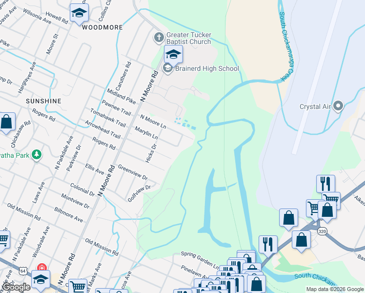 map of restaurants, bars, coffee shops, grocery stores, and more near 5009 Marylin Lane in Chattanooga