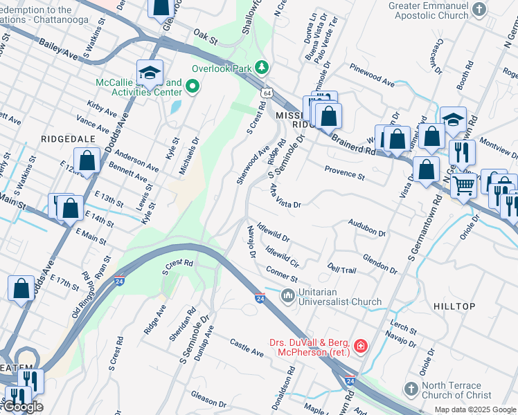 map of restaurants, bars, coffee shops, grocery stores, and more near 315 South Seminole Drive in Chattanooga