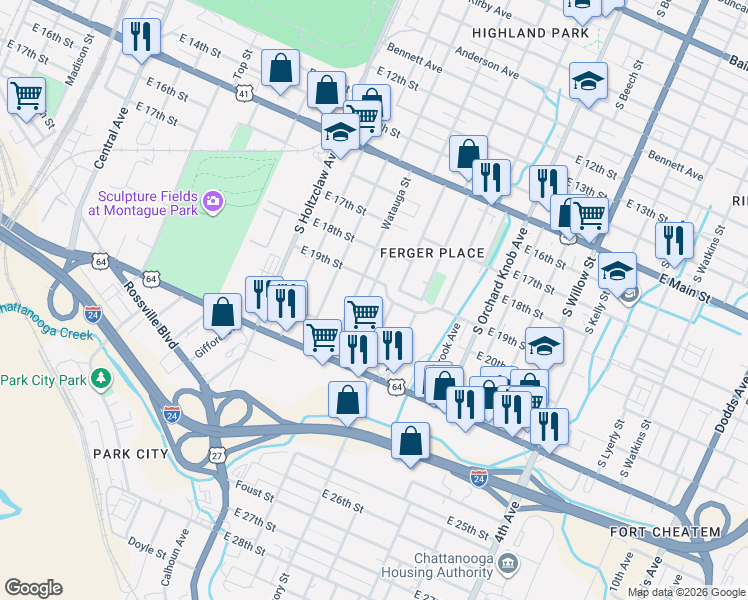 map of restaurants, bars, coffee shops, grocery stores, and more near 1600 East 20th Street in Chattanooga