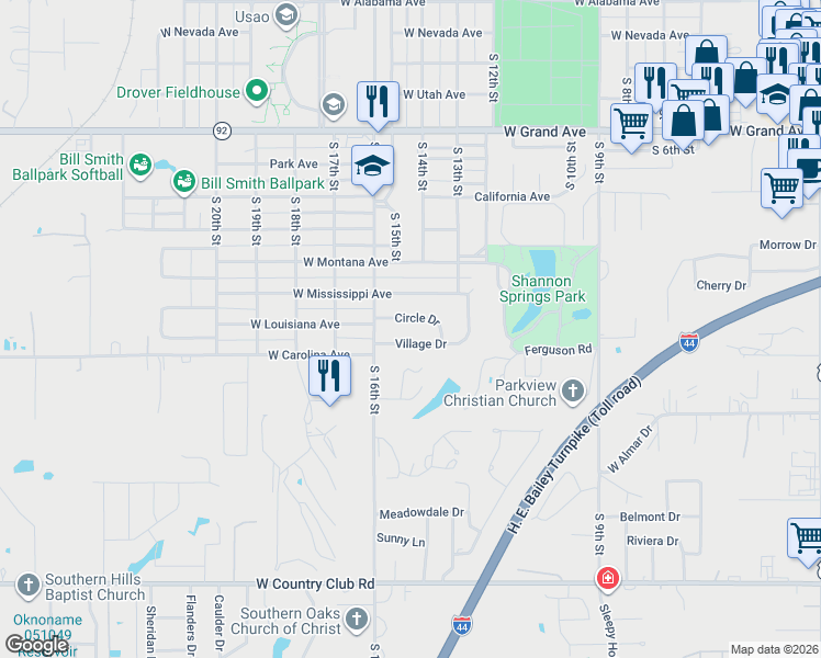 map of restaurants, bars, coffee shops, grocery stores, and more near 11 Circle Drive in Chickasha