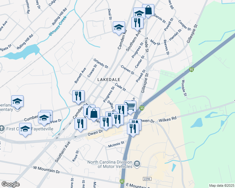 map of restaurants, bars, coffee shops, grocery stores, and more near 2012 Center Street in Fayetteville