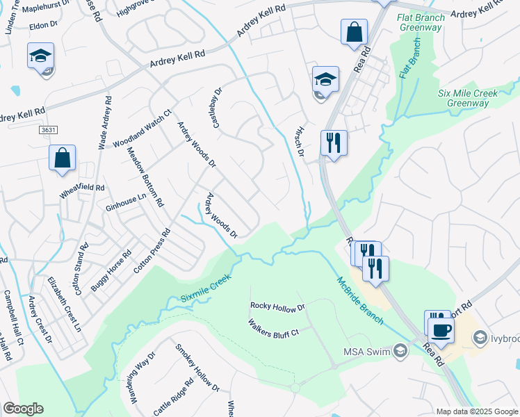 map of restaurants, bars, coffee shops, grocery stores, and more near 9432 Ardrey Woods Drive in Charlotte
