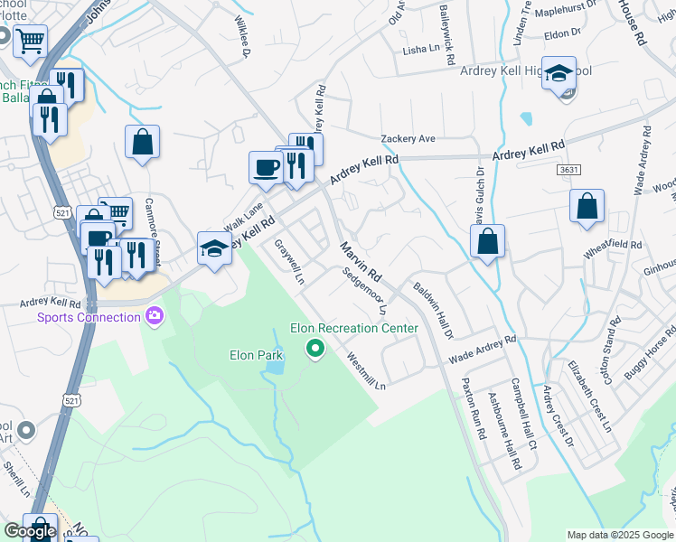 map of restaurants, bars, coffee shops, grocery stores, and more near 11111 Sedgemoor Lane in Charlotte