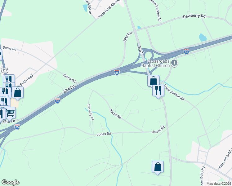 map of restaurants, bars, coffee shops, grocery stores, and more near 421 Burns Road in Spartanburg