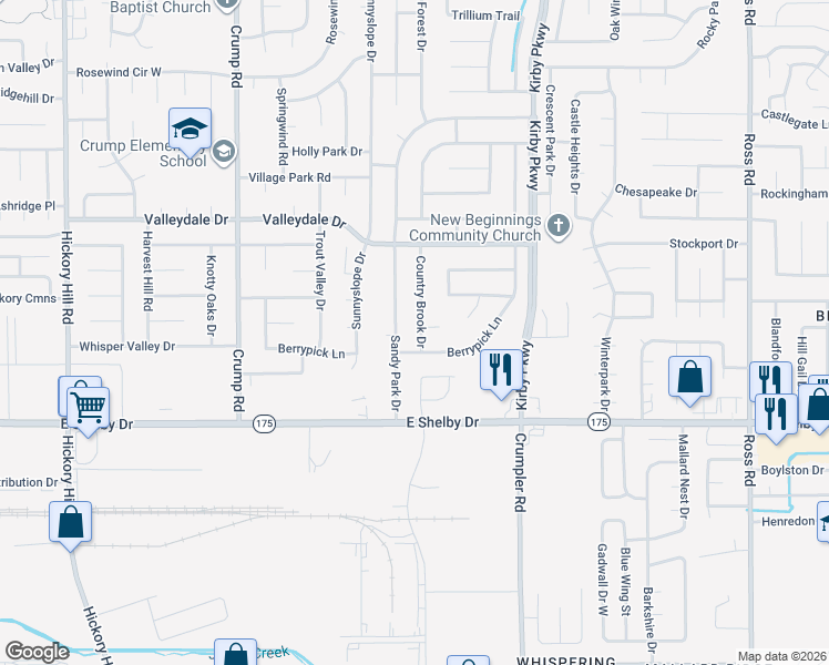 map of restaurants, bars, coffee shops, grocery stores, and more near 4579 Country Brook Drive in Memphis