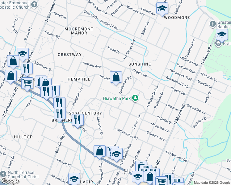 map of restaurants, bars, coffee shops, grocery stores, and more near 4111 Midwoode Drive in Chattanooga