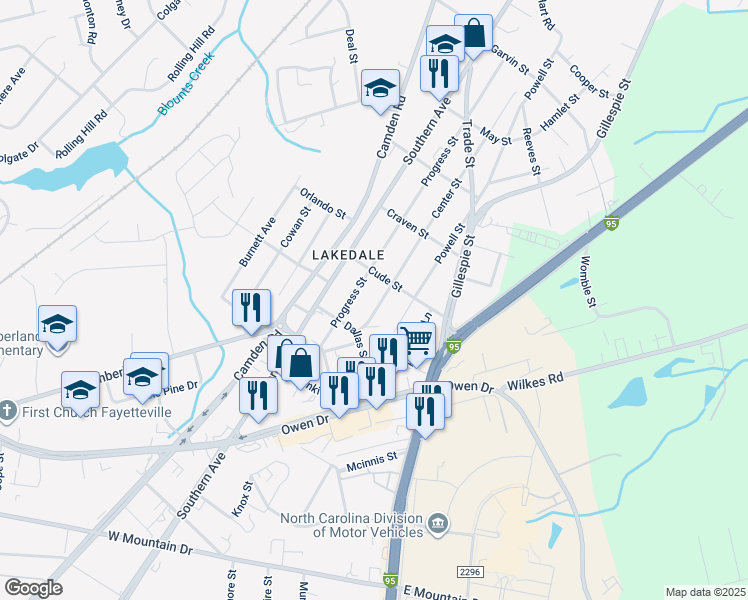 map of restaurants, bars, coffee shops, grocery stores, and more near 2012 Center Street in Fayetteville
