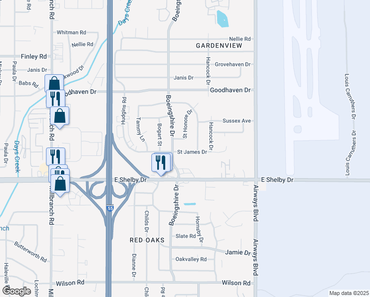 map of restaurants, bars, coffee shops, grocery stores, and more near 2036 Saint James Drive in Memphis