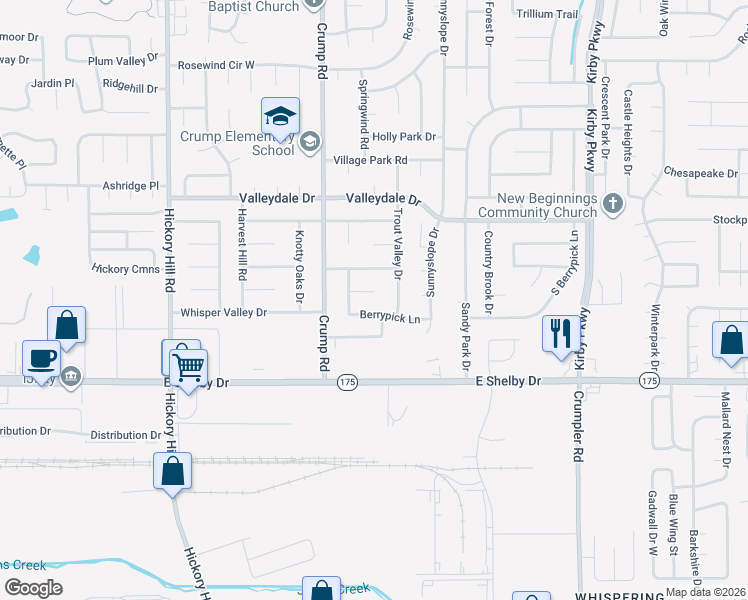 map of restaurants, bars, coffee shops, grocery stores, and more near 6173 Blue Willow Cove in Memphis