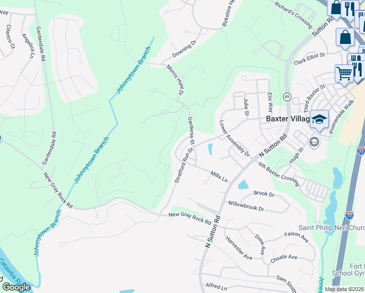 map of restaurants, bars, coffee shops, grocery stores, and more near 224 Mills Lane in Fort Mill